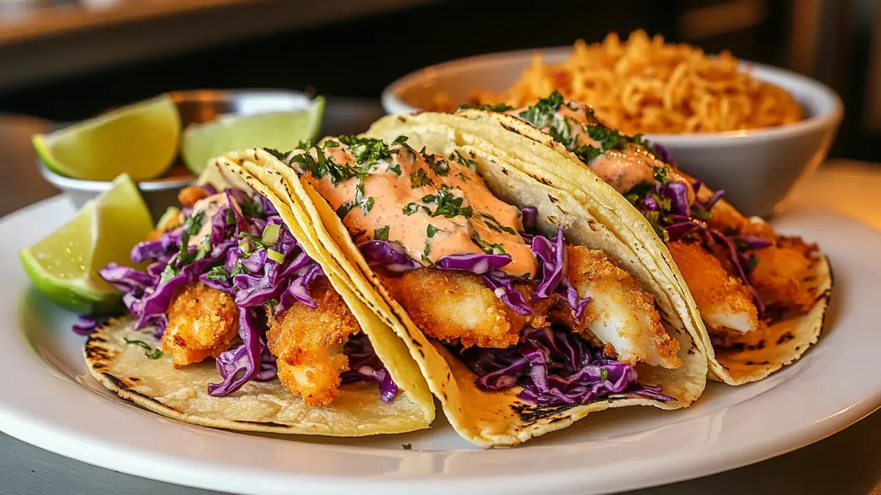 Baja Fish Tacos served with Mexican Rice