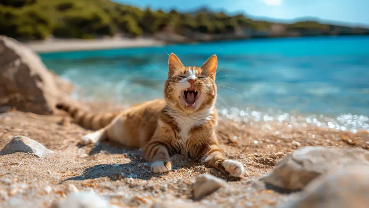 A furious lion on the beach... at least from his feline perspective.