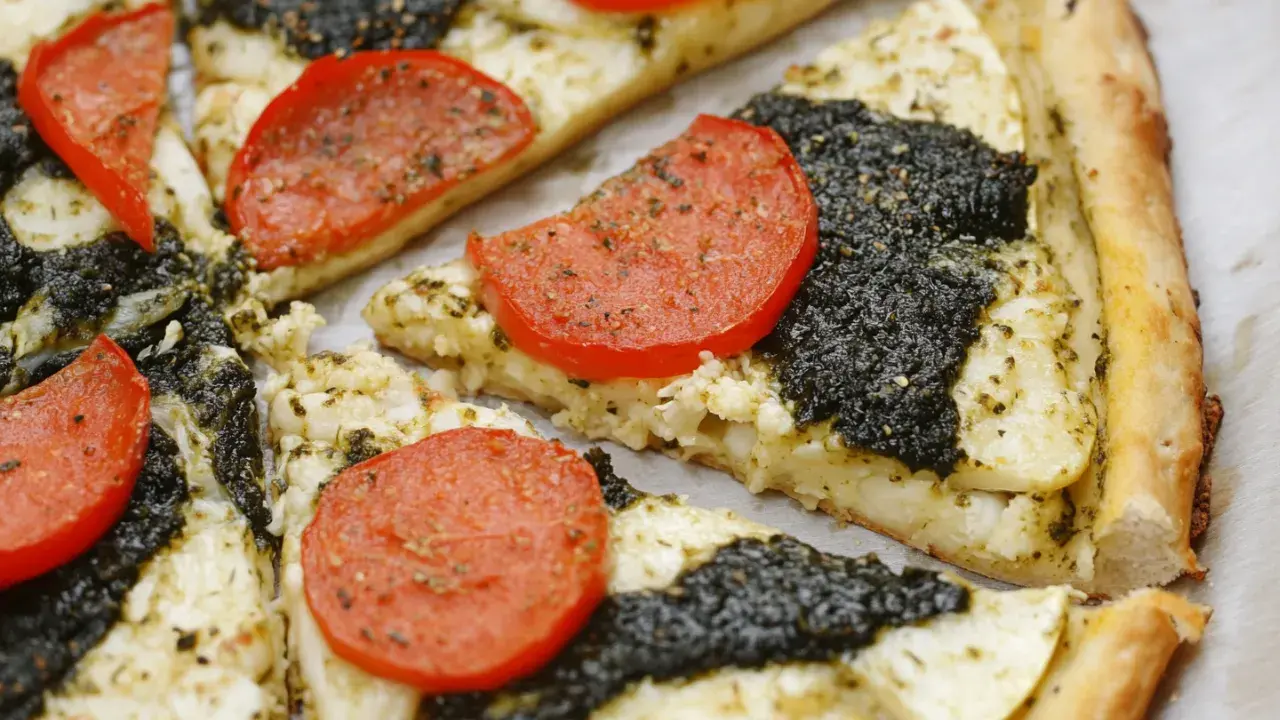 Cauliflower Pizza with Pesto and Vegetables